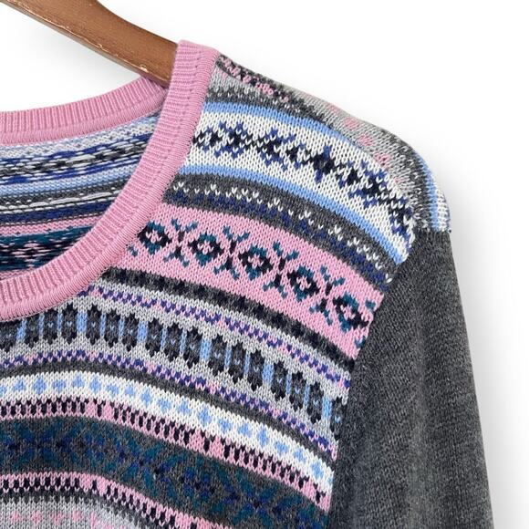 Talbots Women's XL Gray Pink Fair Isle Knit Casual Sweater Soft Lambswool Blend - Picture 4 of 8
